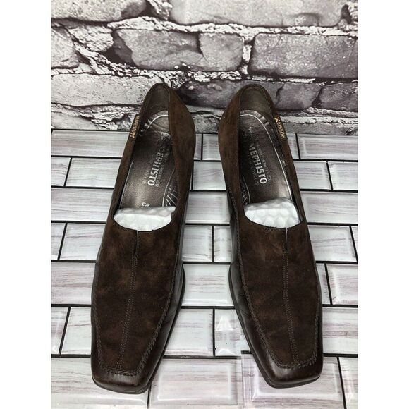 Mephisto Brown Suede Leather Square Toe Split Toe Loafers Heel Shoes Women Sz 9M - Picture 2 of 16